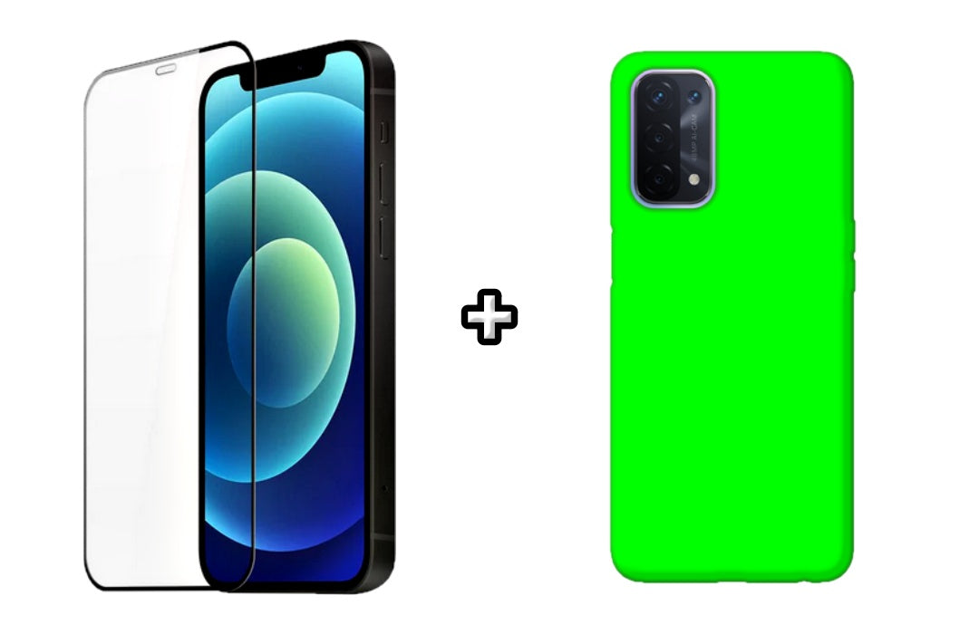 Set Husa Silicon plus Folie din silicon transparenta compatibila cu OPPO A74 4G, verde neon, protectie 360