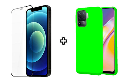 Set Husa Silicon plus Folie din silicon transparenta compatibila cu OPPO Reno5 Lite, verde neon, protectie 360