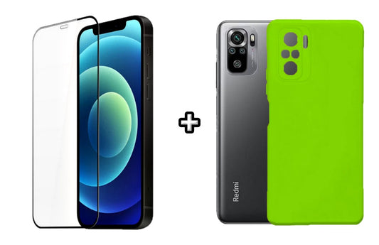 Set Husa Silicon plus Folie din silicon transparenta compatibila cu Xiaomi Redmi 10, verde neon, protectie 360