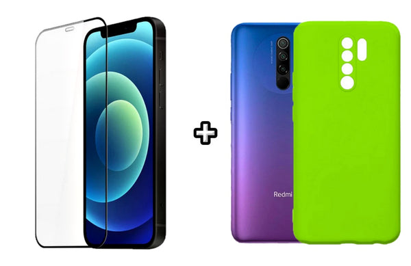 Set Husa Silicon plus Folie din silicon transparenta compatibila cu Xiaomi Redmi 9, verde neon, protectie 360