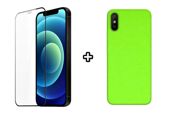 Set Husa Silicon plus Folie din silicon transparenta compatibila cu Xiaomi Redmi 9A, verde neon, protectie 360