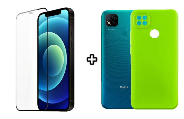 Set Husa Silicon plus Folie din silicon transparenta compatibila cu Xiaomi Redmi 9C, verde neon, protectie 360