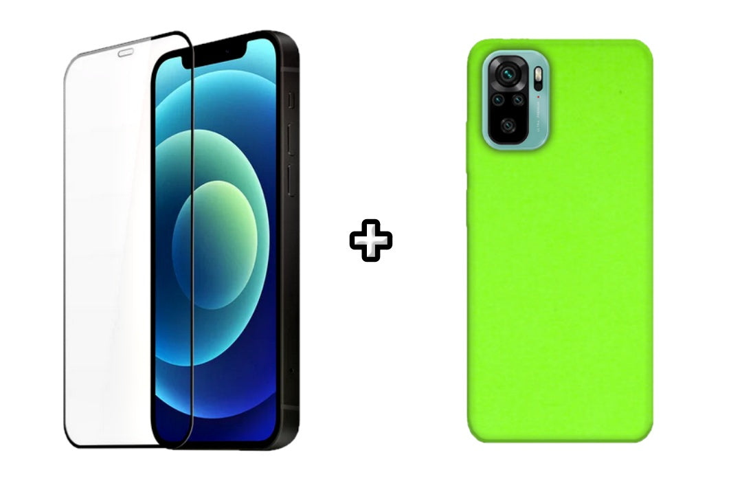 Set Husa Silicon plus Folie din silicon transparenta compatibila cu Xiaomi Redmi Note 10 Pro, verde neon, protectie 360