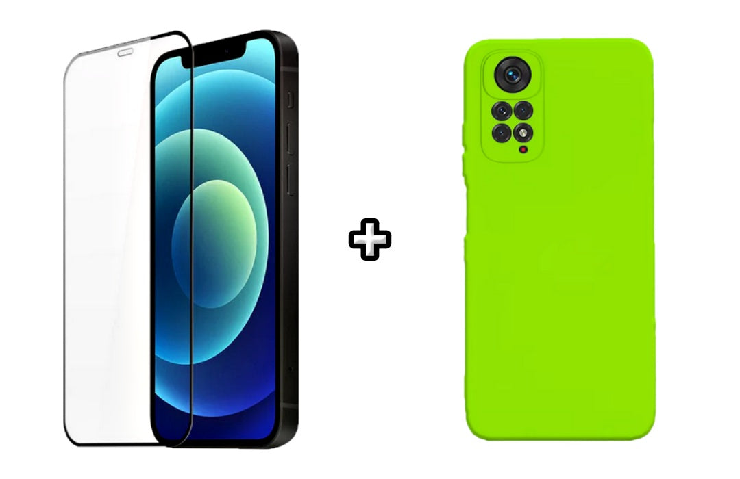 Set Husa Silicon plus Folie din silicon transparenta compatibila cu Xiaomi Redmi Note 11, verde neon, protectie 360