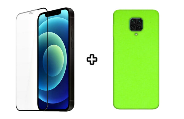 Set Husa Silicon plus Folie din silicon transparenta compatibila cu Xiaomi Redmi Note 9 Pro, verde neon, protectie 360