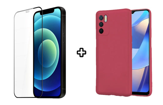 Set Husa Silicon plus Folie din silicon transparenta compatibila cu OPPO A16, visinie, protectie 360